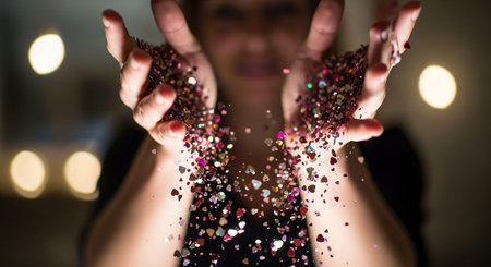Close-up of woman's hands with confetti. Blurred backgroundの写真素材