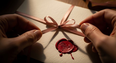 Valentine's Day gift box with red wax seal and bowの写真素材