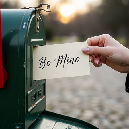 Woman's hand holding a card with the word be mine in a mailboxの写真素材