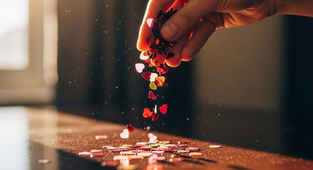 Woman's hand holding a heart of confetti on a wooden table.の写真素材