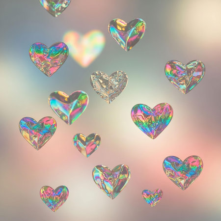 Heart-shaped gemstones on bokeh background, 3d illustration