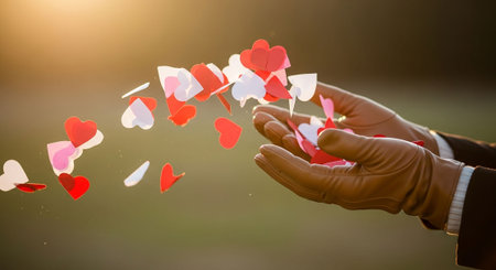 Close up of human hands holding paper hearts with bokeh backgroundの写真素材