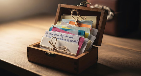 Wooden box with colorful cards on the wooden table. Vintage styleの写真素材