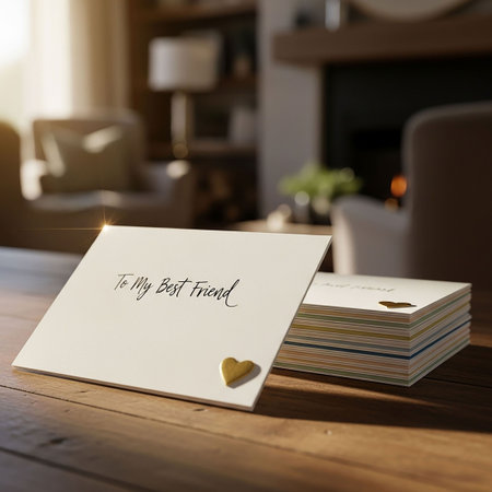 Happy Valentines day greeting card on wooden table with copy space.の写真素材