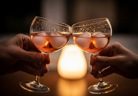 Glasses of rose wine with ice cubes in hands of two womenの写真素材