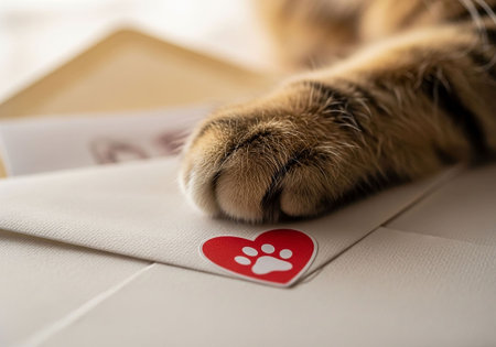 Close up of a cat paw with a red heart on an envelopeの写真素材