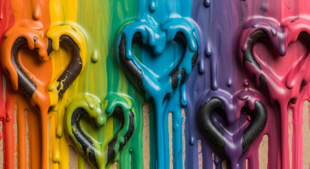 Rainbow paint dripping and heart shape on wooden background, Love conceptの写真素材