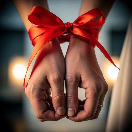 Hands of a young couple tied with a red ribbon and bow.の写真素材