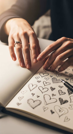 Close-up of female hands drawing hearts on notebook. Concept of loveの写真素材