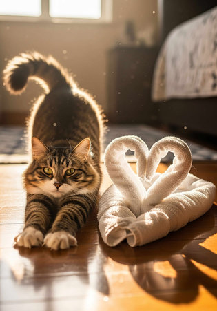 Cat lying on the floor with a towel and heart-shaped pillowの写真素材