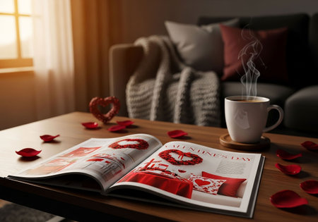 Cup of coffee and book on table in living room. Valentine's day conceptの写真素材