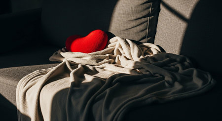 Red heart with scarf on sofa in living room, Valentine's day conceptの写真素材
