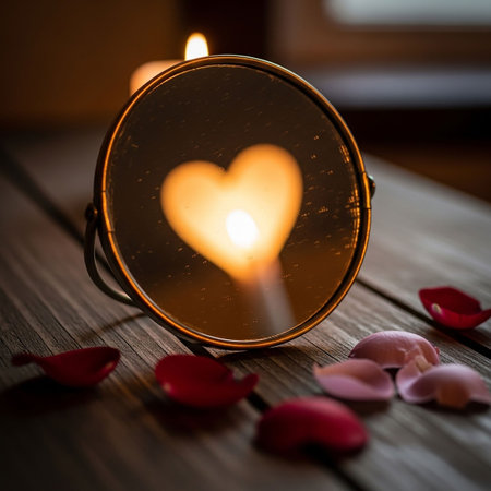 Candle in the shape of a heart with rose petals on wooden backgroundの写真素材