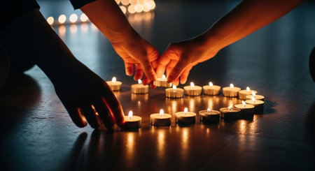 Close up of woman hands lighting candles on table in dark room.の写真素材