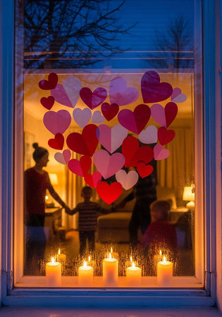 Valentine's day background with hearts and candles in the windowの写真素材
