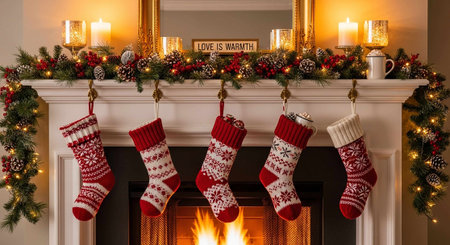 Christmas socks on a fireplace with burning candles and Christmas tree in the backgroundの写真素材