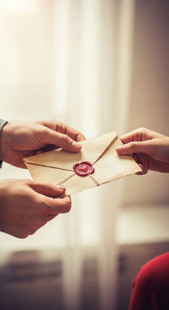 close up of couple with wax seal on envelope, valentines dayの写真素材