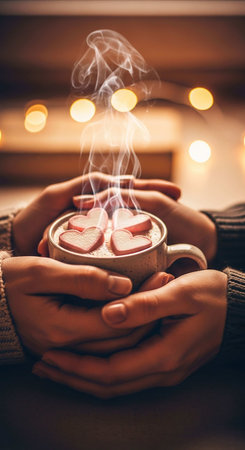 Couple in love holding a cup of hot chocolate with marshmallows in the shape of a heart.の写真素材