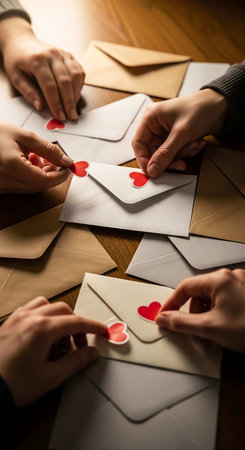Close-up of a group of people making an envelope with a red heartの写真素材