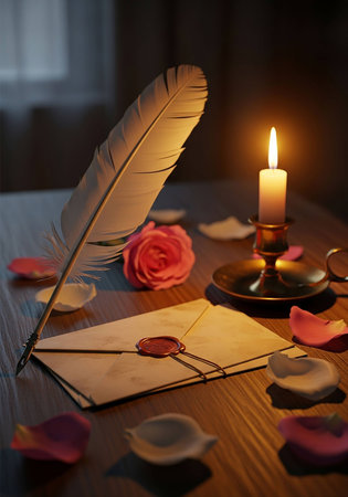 Burning candle, envelope and rose petals on a wooden tableの写真素材