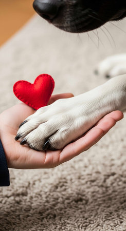 Hand holding a red heart and a white dog on a carpet.