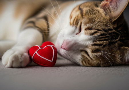 Cute cat sleeping with red heart, Valentines day concept.の写真素材