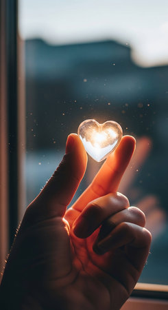 Man's hand holding a glass heart on the background of the windowの写真素材