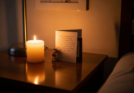 Candle on the bedside table with a letter to Santa Clausの写真素材