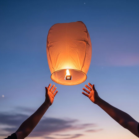 Hand of Asian woman holding floating lantern in the sky during sunset.の写真素材