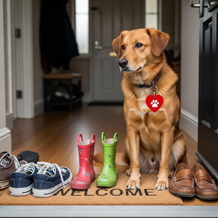 A cute mixed breed dog sitting next to a pair of boots and a rubber boot.の写真素材