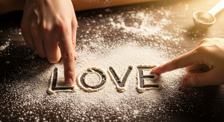 Female hands forming word love with flour on wooden table, closeupの写真素材