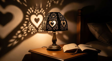 Lamp with heart shape and book on the bed in the bedroomの写真素材