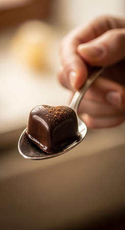Chocolate candies on a silver spoon. Selective focus.の写真素材