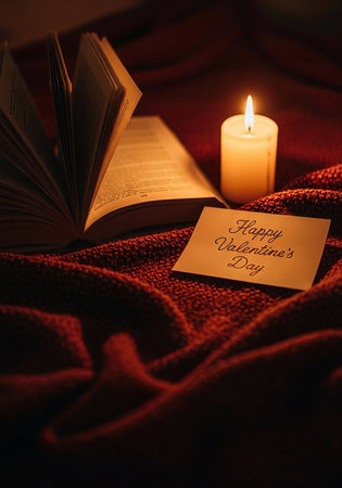 Christmas greeting card with burning candle and book on red plaid.の写真素材