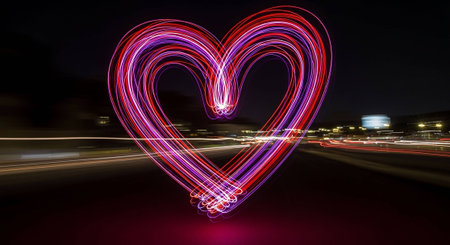 Heart shape light trails on the road in the city. Love conceptの写真素材