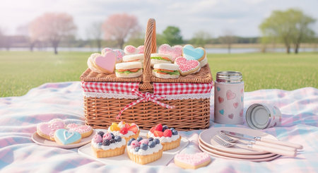 Picnic basket with variety of pastries for Valentine's Day.の写真素材