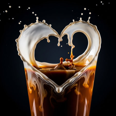 Coffee splash with heart shape on black background. Love conceptの写真素材