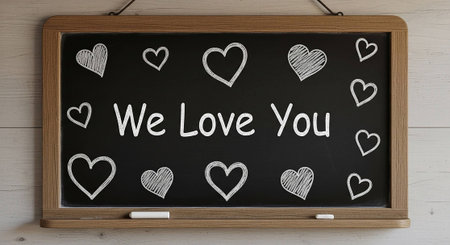 We love you written on a blackboard on a white wooden backgroundの写真素材
