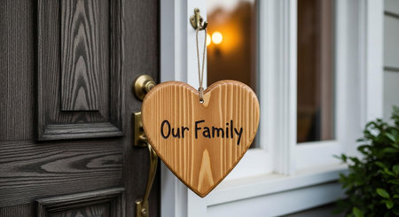 Wooden heart with the words Our Family hanging on the door.の写真素材
