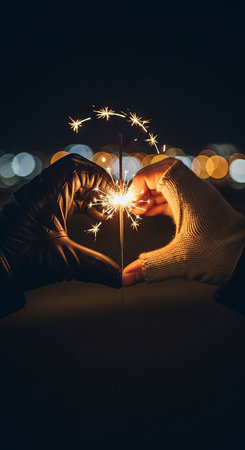 Hands holding a sparkler on a dark background with bokehの写真素材