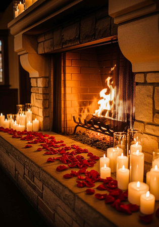 Burning candles in a fireplace with red rose petals on the foregroundの写真素材