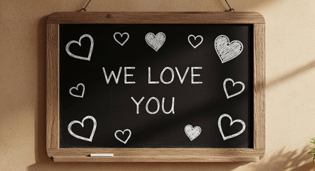 We love you written on a chalkboard with hearts in the backgroundの写真素材
