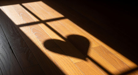 Shadow of a heart on the wooden floor in the sunlight. Selective focus.の写真素材