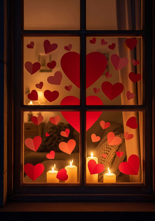 Valentine's Day background with red hearts and candles in the windowの写真素材