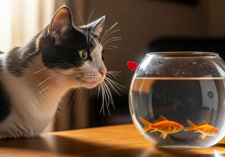 Black and white cat looking at goldfish in a round aquariumの写真素材