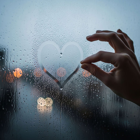 Female hand and heart shape on the wet window with bokeh backgroundの写真素材
