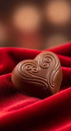 Chocolate heart on a red satin background with bokehの写真素材