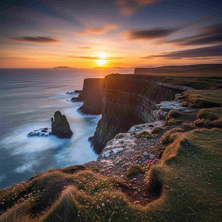 Sunset over Cliffs of Moher in County Clare, Ireland