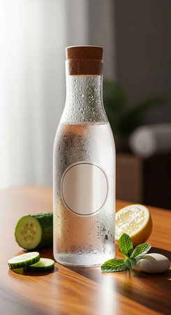Bottle of water with cucumber, mint and lemon on wooden table