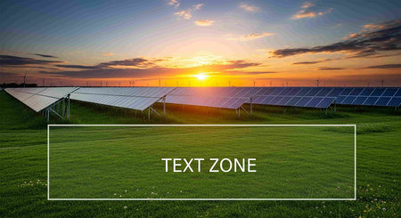 Green energy concept. Solar panels on the green field at sunset.の写真素材
